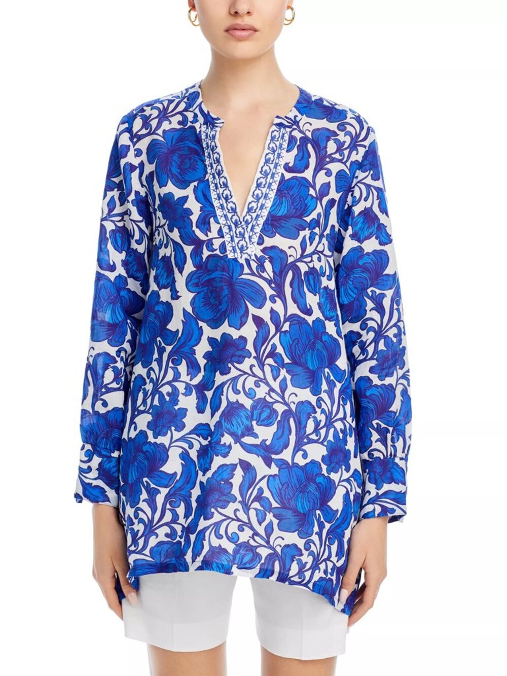 Johnny Was Workshop Camilla Henley Voyager Tunic XL Floral Blouse Blue Boho